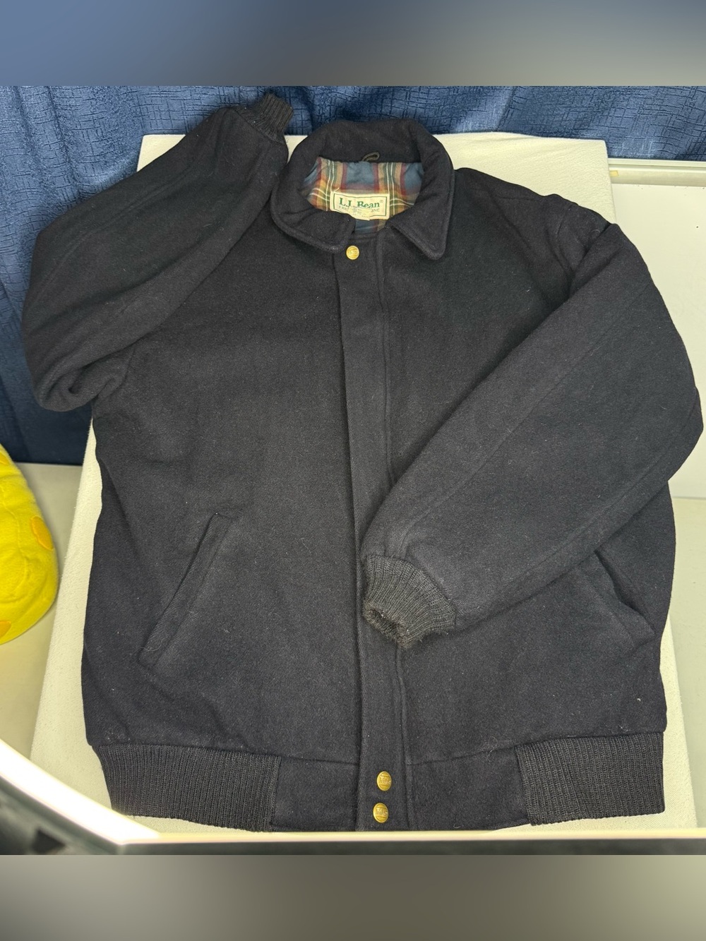 Vintage 90’s LL Bean Navy Blue Wool Coat Bomber Jacket Men’s L Plaid Lining USA